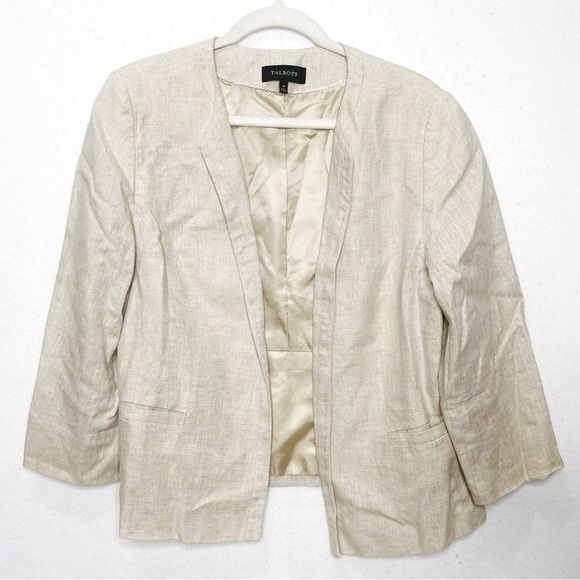 Talbots Open Front Beige Linen Lined Blazer with Pockets - Picture 1 of 6